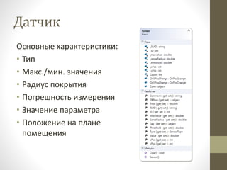 Датчик
Основные характеристики:
• Тип
• Макс./мин. значения
• Радиус покрытия
• Погрешность измерения
• Значение параметра
• Положение на плане
помещения
 