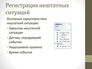 Регистрация нештатных
ситуаций
Основные характеристики
нештатной ситуации:
• Характер нештатной
ситуации
• Датчик, породивший
событие
• Нарушаемое правило
• Время события
 