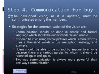 Step 4. Communication for buy-
in The developed vision, as it is updated, must be
communicated among the members.
 Strategies for the communication of the vision are:
 Communication should be done in simple and formal
language which should be understandable and usable.
 It should be vivid using verbal pictures which is more worthy
than a thousand words – use metaphor, analogy, and
example.
 Ideas should be able to be spread by anyone to anyone
because there are various parties to whom it should be
repeated again and again.
 Two-way communication is always more powerful than
one-way communication
06/06/13 8
 