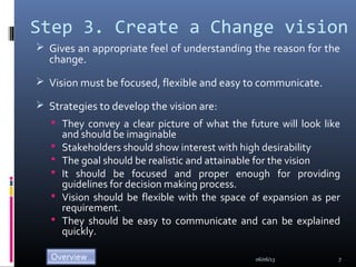 Step 3. Create a Change vision
 Gives an appropriate feel of understanding the reason for the
change.
 Vision must be fo...