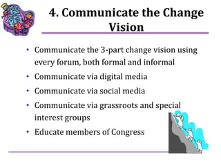 7
4. Communicate the Change
Vision
• Communicate the 3-part change vision using
every forum, both formal and informal
• Co...