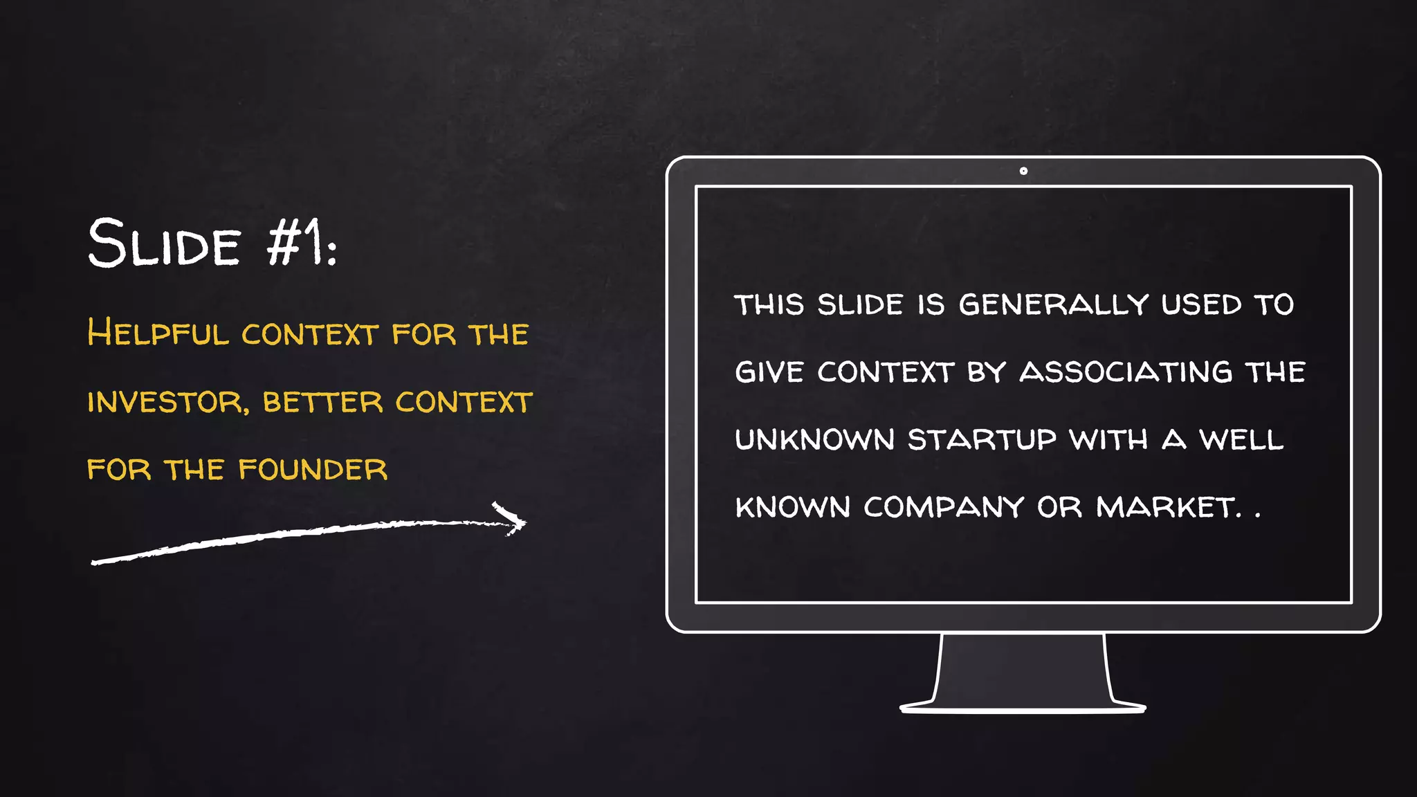 this slide is generally used to
give context by associating the
unknown startup with a well
known company or market. .
Slide #1:
Helpful context for the
investor, better context
for the founder
 