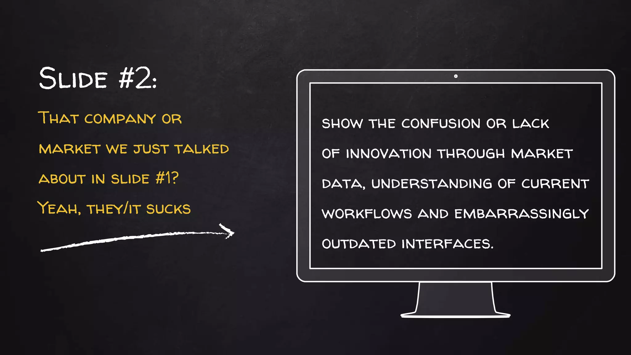 show the confusion or lack
of innovation through market
data, understanding of current
workflows and embarrassingly
outdated interfaces.
Slide #2:
That company or
market we just talked
about in slide #1?
Yeah, they/it sucks
 
