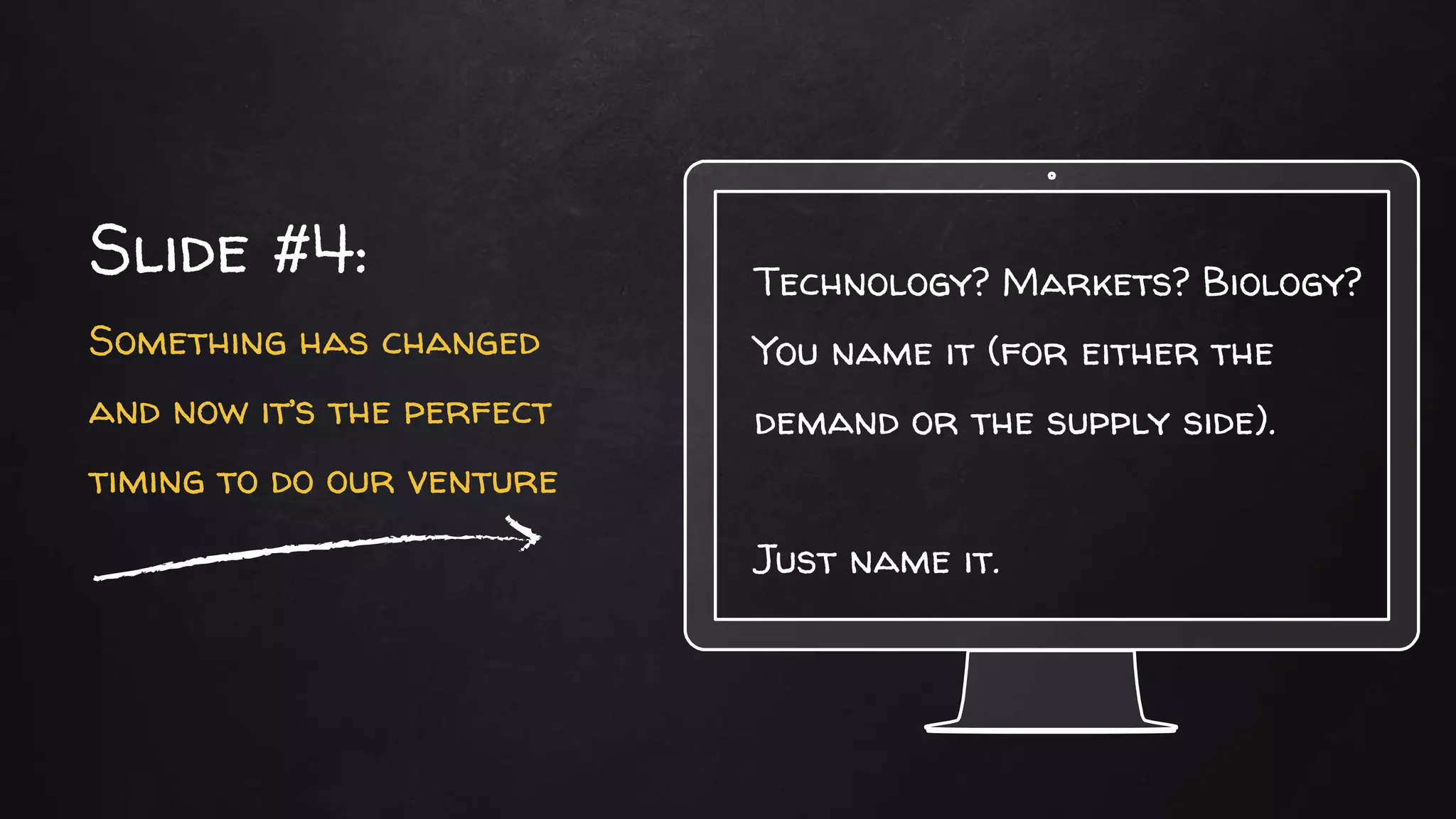 Technology? Markets? Biology?
You name it (for either the
demand or the supply side).
Just name it.
Slide #4:
Something has changed
and now it’s the perfect
timing to do our venture
 