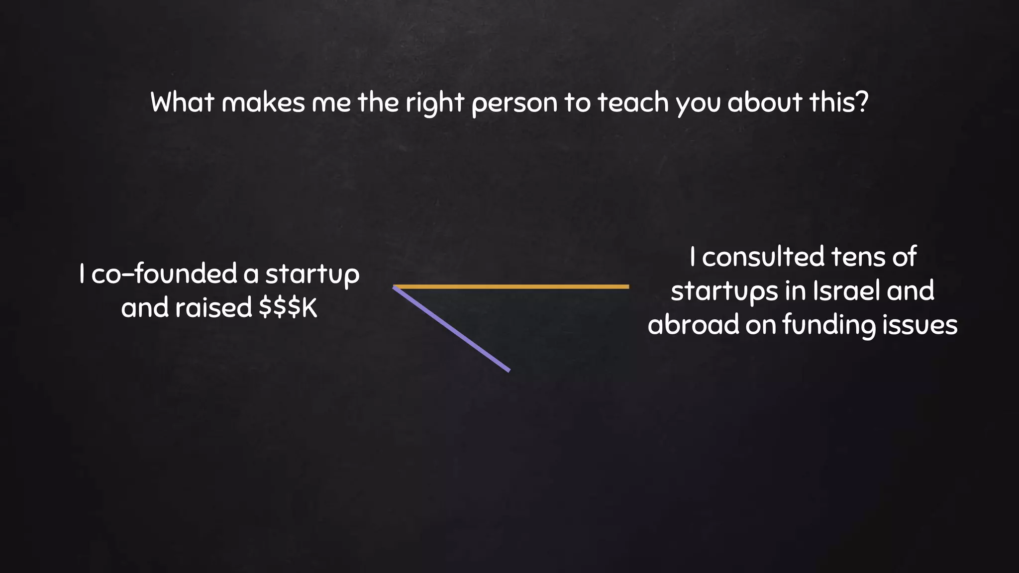 What makes me the right person to teach you about this?
I co-founded a startup
and raised $$$K
I consulted tens of
startups in Israel and
abroad on funding issues
 