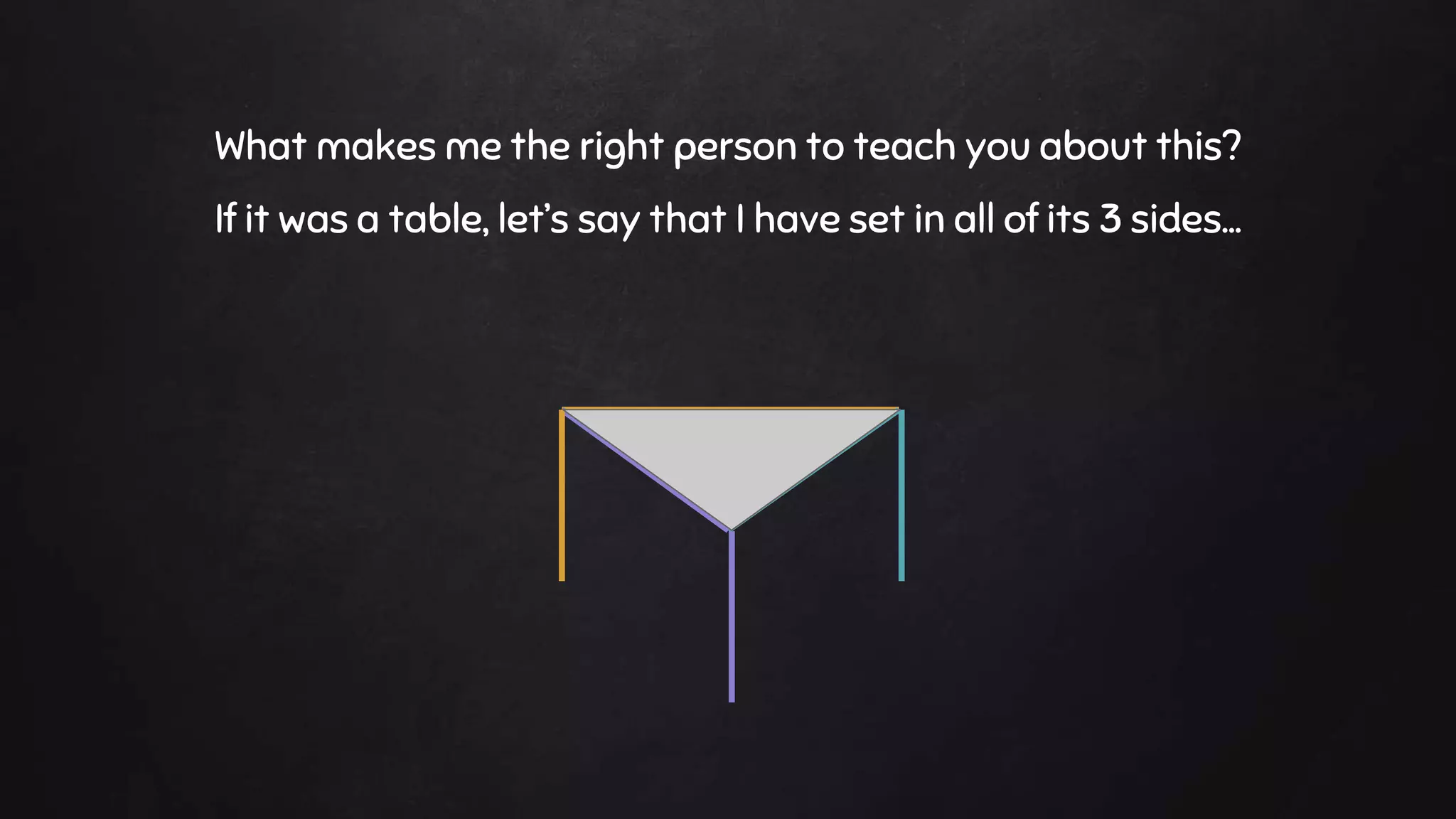 What makes me the right person to teach you about this?
If it was a table, let’s say that I have set in all of its 3 sides...
 