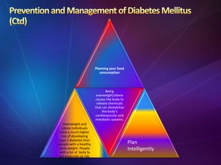 Planning your food
consumption
Overweight and
obese individuals
have a much higher
risk of developing
type 2 diabetes than
people with a healthy
body weight. People
with a lot of belly fa
are especially at risk.
Being
overweight/obese
causes the body to
release chemicals
that can destabilize
the body's
cardiovascular and
metabolic systems.
Plan
Intelligently
 