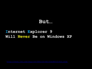 But…
Internet Explorer 9
Will Never Be on Windows XP




http://tech.163.com/digi/10/0920/10/6H13ID1N001618J1.html
 