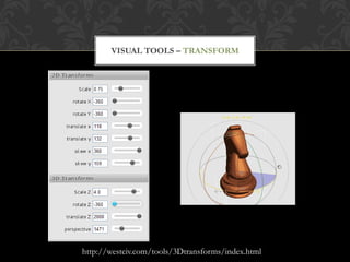 VISUAL TOOLS – TRANSFORM




http://westciv.com/tools/3Dtransforms/index.html
 