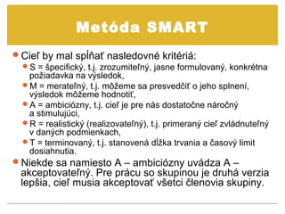 Metóda SMART
Cieľ by mal spĺňať nasledovné kritériá:
 S = špecifický, t.j. zrozumiteľný, jasne formulovaný, konkrétna
  požiadavka na výsledok,
 M = merateľný, t.j. môžeme sa presvedčiť o jeho splnení,
  výsledok môžeme hodnotiť,
 A = ambiciózny, t.j. cieľ je pre nás dostatočne náročný
  a stimulujúci,
 R = realistický (realizovateľný), t.j. primeraný cieľ zvládnuteľný
  v daných podmienkach,
 T = terminovaný, t.j. stanovená dĺžka trvania a časový limit
  dosiahnutia.
Niekde sa namiesto A – ambiciózny uvádza A –
  akceptovateľný. Pre prácu so skupinou je druhá verzia
  lepšia, cieľ musia akceptovať všetci členovia skupiny.
 