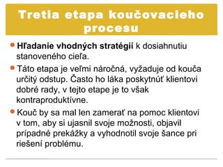 Tretia etapa koučovacieho
            procesu
Hľadanie vhodných stratégií k dosiahnutiu
 stanoveného cieľa.
Táto etapa je veľmi náročná, vyžaduje od kouča
 určitý odstup. Často ho láka poskytnúť klientovi
 dobré rady, v tejto etape je to však
 kontraproduktívne.
Kouč by sa mal len zamerať na pomoc klientovi
 v tom, aby si ujasnil svoje možnosti, objavil
 prípadné prekážky a vyhodnotil svoje šance pri
 riešení problému.
 