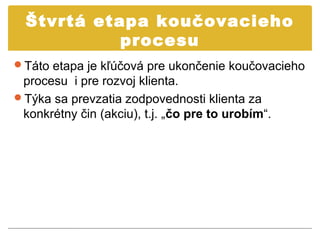 Štvrtá etapa koučovacieho
            procesu
Táto etapa je kľúčová pre ukončenie koučovacieho
 procesu i pre rozvoj klienta.
Týka sa prevzatia zodpovednosti klienta za
 konkrétny čin (akciu), t.j. „čo pre to urobím“.
 