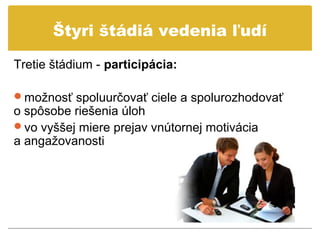 Štyri štádiá vedenia ľudí

Tretie štádium - participácia:

možnosť spoluurčovať ciele a spolurozhodovať
o spôsobe riešenia úloh
vo vyššej miere prejav vnútornej motivácia
a angažovanosti
 