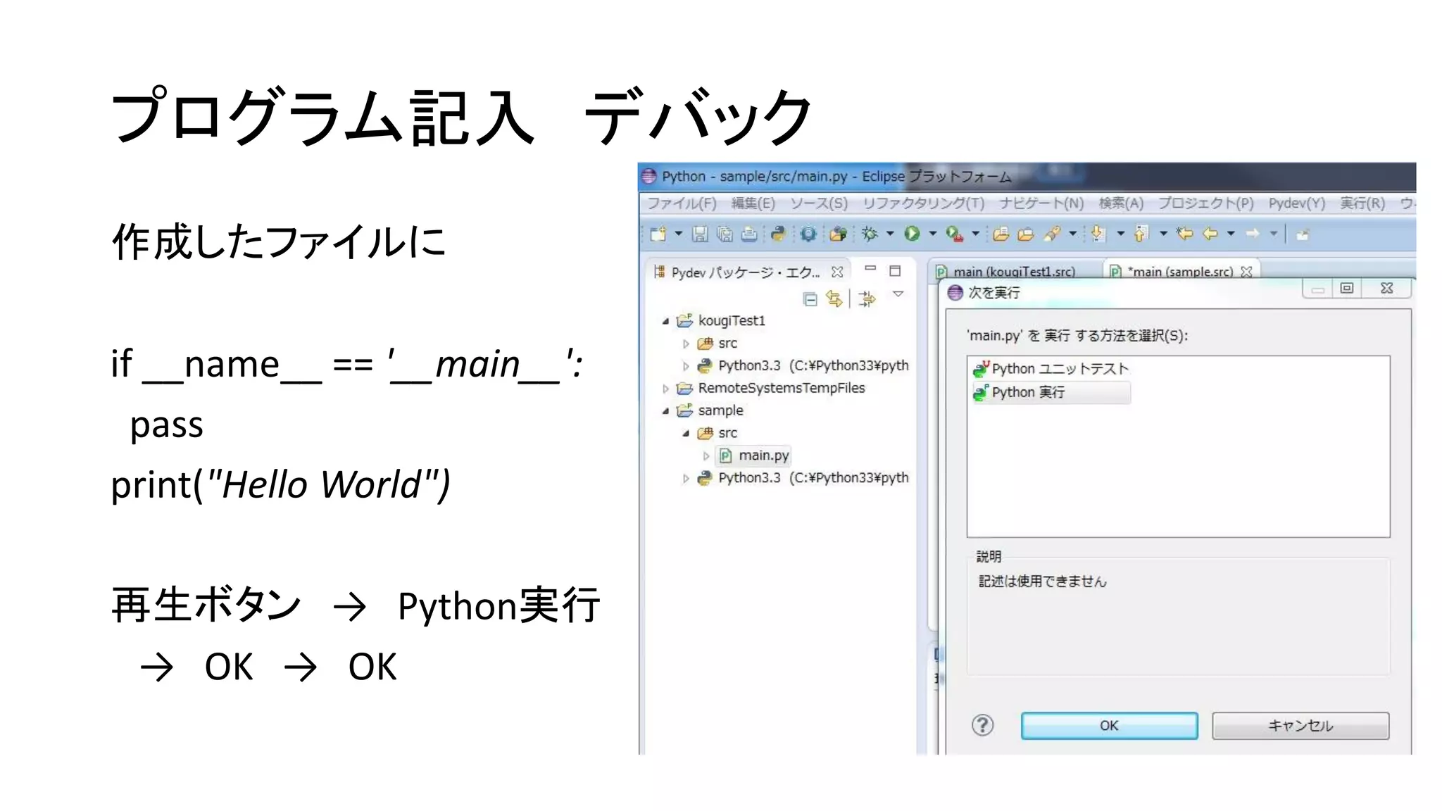 プログラム記入 デバック
作成したファイルに
if __name__ == '__main__':
pass
print("Hello World")
再生ボタン → Python実行
→ OK → OK

 