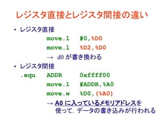 レジスタ直接とレジスタ間接の違い
• レジスタ直接
move.l #0,%D0
move.l %D2,%D0
→ d0 が書き換わる
• レジスタ間接
.equ ADDR 0xffff00
move.l #ADDR,%A0
move.w %D0,(%A0)
→ A0 に入っているメモリアドレスを
使って，データの書き込みが行われる
 