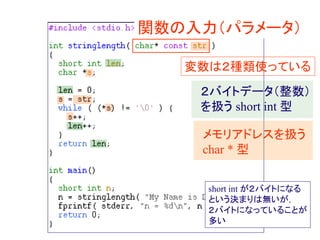 変数は２種類使っている
２バイトデータ（整数）
を扱う short int 型
メモリアドレスを扱う
char * 型
short int が２バイトになる
という決まりは無いが，
２バイトになっていることが
多い
関数の入力（パラメータ）
 