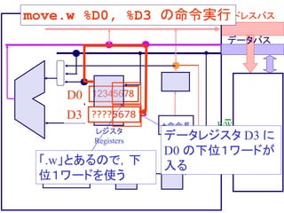 12345678
アドレスバス
データバス
制御系
Control Unit
+命令長
レジスタ
Registers
R/W
データレジスタ D3 に
D0 の下位１ワードが
入る
move.w %D0, %D3 の命令実行
D0
????5678
D3
「.w」とあるので，下
位１ワードを使う
 