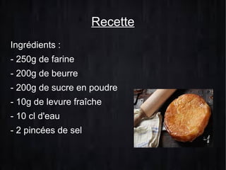 Recette
Ingrédients :
- 250g de farine
- 200g de beurre
- 200g de sucre en poudre
- 10g de levure fraîche
- 10 cl d'eau
- 2 pincées de sel

 