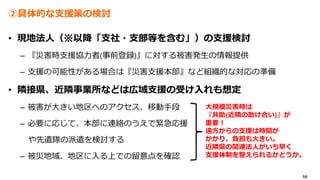 10
②具体的な支援策の検討
• 現地法人（※以降「支社・支部等を含む」）の支援検討
– 『災害時支援協力者(事前登録)』に対する被害発生の情報提供
– 支援の可能性がある場合は『災害支援本部』など組織的な対応の準備
• 隣接県、近隣事業所などは広域支援の受け入れも想定
– 被害が大きい地区へのアクセス、移動手段
– 必要に応じて、本部に連絡のうえで緊急応援
や先遣隊の派遣を検討する
– 被災地域、地区に入る上での留意点を確認
大規模災害時は
『共助(近隣の助け合い)』が
重要！
遠方からの支援は時間が
かかり、負担も大きい。
近隣県の関連法人がいち早く
支援体制を整えられるかどうか。
 