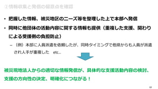 17
②情報収集と発信の留意点を確認
• 把握した情報、被災地区のニーズ等を整理した上で本部へ発信
• 同時に他団体の活動内容に関する情報も提供（重複した支援、関わり
による受援側の負担防止）
– （例）本部に人員派遣を依頼したが、同時タイミングで他県からも人員が派遣
され人手が重複した etc...
被災現地法人からの適切な情報発信が、具体的な支援活動内容の検討、
支援の方向性の決定、明確化につながる！
 