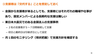 19
③支援者は「交代する」ことを想定しておく
• 全国から支援者が来るとしても、支援者にはそれぞれの職場や仕事が
あり、固定メンバーによる長期的な支援は難しい
• 東日本大震災でのある全国法人の支援事例
– ２名の支援者が５～７日間継続して支援
– 初日と最終日は引継ぎ日として設定
• 月１回のモニタリング（現状把握）で支援方針を確認する
 