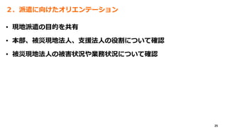 25
２．派遣に向けたオリエンテーション
• 現地派遣の目的を共有
• 本部、被災現地法人、支援法人の役割について確認
• 被災現地法人の被害状況や業務状況について確認
 