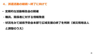 29
４．派遣活動の継続～終了に向けて
• 定期的な活動報告会の開催
・職員、関係者に対する情報発信
・状況をみて結核予防会本部で広域支援の終了を判断（被災現地法人
と調整のうえ）
 