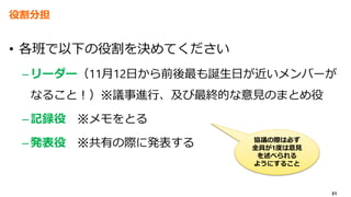 31
役割分担
• 各班で以下の役割を決めてください
–リーダー（11月12日から前後最も誕生日が近いメンバーが
なること！）※議事進行、及び最終的な意見のまとめ役
–記録役 ※メモをとる
–発表役 ※共有の際に発表する 協議の際は必ず
全員が1度は意見
を述べられる
ようにすること
 