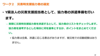 37
ワーク２ 災害時支援協力者の選定
• Y県法人の災害支援担当者として、協力者の派遣準備を行い
ます。
– 実際に災害時支援協力者を派遣するとして、協力者のリストをチェックします。
協力者を選考するとした場合に何を基準とするか、ポイントをまとめてくださ
い。
• 協力者は全員、派遣に応じる意志がありますが、被災地での活動経験はあり
ません。
 