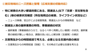 ①被災地域のニーズ把握と整理（広域支援の初動対応）
• 特に被害の大きい都道府県にある、関連法人(以下「支部・支社等を含
む」)等の被害状況確認（所在地周辺の被害、ライフライン状況など）
– ニュース映像、官公庁による被害発表、関連法人からの情報発信 など
• 関連法人等の基幹業務の特性、事業継続の状況
– 基幹業務（事業継続のうえで、なるくべ早く再開したい業務）の状況、基幹業
務の継続が難しい場合は、課題の洗い出しと解決策（支援策）の検討
• 災害発生からの時間経過で考える、必要となる支援内容の検討
– 災害発生からの時間経過（別紙）で、その時点で必要な支援を考える
8
 