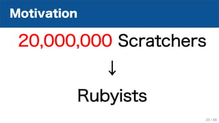 Motivation
20,000,000 Scratchers
↓
Rubyists
33 / 48
 