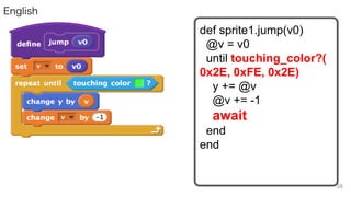 English
def sprite1.jump(v0)
@v = v0
until touching_color?(
0x2E, 0xFE, 0x2E)
y += @v
@v += -1
await
end
end
39
 