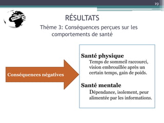 RÉSULTATS
Thème 3: Conséquences perçues sur les
comportements de santé
19
Santé physique
Temps de sommeil raccourci,
vision embrouillée après un
certain temps, gain de poids.
Santé mentale
Dépendance, isolement, peur
alimentée par les informations.
Conséquences négatives
 