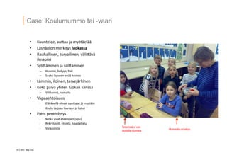14 ? 2013 Vesa Ilola
Case: Koulumummo tai -vaari
?? Kuuntelee,	
 ?auGaa	
 ?ja	
 ?my?t?el??	
 ?
?? L?sn?olon	
 ?merkitys	
 ?luokassa	
 ?
?? Rauhallinen,	
 ?turvallinen,	
 ?v?liG?v?	
 ?
ilmapiiri	
 ?
?? SyliG?minen	
 ?ja	
 ?siliG?minen	
 ?
C? Huomio,	
 ?hellyys,	
 ?hali	
 ?
C? Saako	
 ?lapseen	
 ?en??	
 ?koskea	
 ?
?? L?mmin,	
 ?iloinen,	
 ?tervej?rkinen	
 ?
?? Koko	
 ?p?iv?	
 ?yhden	
 ?luokan	
 ?kanssa	
 ?
C? V?litunnit,	
 ?ruokailu	
 ?
?? Vapaaehtoisuus	
 ?
-?\? El?kkeell?	
 ?olevat	
 ?opeGajat	
 ?ja	
 ?muutkin	
 ?
-?\? Koulu	
 ?tarjoaa	
 ?lounaan	
 ?ja	
 ?kahvi	
 ?
?? Pieni	
 ?perehdytys	
 ?
-?\? Mitk?	
 ?asiat	
 ?eteenp?in	
 ?(apu)	
 ?
-?\? Rekrytoin=,	
 ?etsint?,	
 ?haastaGelu	
 ?
-?\? Varauslista	
 ? Tekemist? ei vain
taustalla istumista Mummolla on aikaa.
 