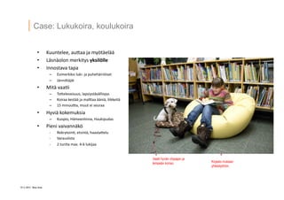 15 ? 2013 Vesa Ilola
Case: Lukukoira, koulukoira
?? Kuuntelee,	
 ?auGaa	
 ?ja	
 ?my?t?el??	
 ?
?? L?sn?olon	
 ?merkitys	
 ?yksil?lle	
 ?
?? Innostava	
 ?tapa	
 ?
C? Esimerkiksi	
 ?luki-?\	
 ?ja	
 ?puheh?iri?iset	
 ?
C? J?nniG?j?t	
 ?
?? Mit?	
 ?vaa=i	
 ?
C? ToGelevaisuus,	
 ?lapsiyst?v?llisyys	
 ?
C? Koiraa	
 ?kest??	
 ?ja	
 ?malGaa	
 ???ni?,	
 ?liikkeit?	
 ?
C? 15	
 ?minuuQa,	
 ?muut	
 ?ei	
 ?seuraa	
 ?
?? Hyvi?	
 ?kokemuksia	
 ?
C? Kuopio,	
 ?H?meenlinna,	
 ?Haukipudas	
 ?
?? Pieni	
 ?vaivann?k?	
 ?
-?\? Rekrytoin=,	
 ?etsint?,	
 ?haastaGelu	
 ?
-?\? Varauslista	
 ?
-?\? 2	
 ?tun=a	
 ?max.	
 ?4-?\6	
 ?lukijaa	
 ?
Vaatii hyv?n ohjaajan ja
lempe?n koiran. Kirjasto mukaan
yhteisty?h?n.
 