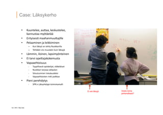 16 ? 2013 Vesa Ilola
Case: L?ksykerho
?? Kuuntelee,	
 ?auGaa,	
 ?keskustelee,	
 ?
kannustaa	
 ?my?t?el??	
 ?
?? Erityises=	
 ?maahanmuuGajille	
 ?
?? Pelaaminen	
 ?ja	
 ?leikkiminen	
 ?
C? Kun	
 ?l?ksyt	
 ?on	
 ?tehty	
 ?Nuokkarilla	
 ?
C? Tehd??n	
 ?siis	
 ?muutakin	
 ?kuin	
 ?l?ksyj?	
 ?
?? L?mmin,	
 ?iloinen,	
 ?lapsimy?nteinen	
 ?
?? Ei	
 ?tarvi	
 ?opeGajakokemusta	
 ?
?? Vapaaehtoisuus	
 ?
-?\? Tyypillises=	
 ?opiskelijat,	
 ?el?kel?iset	
 ?
-?\? Nuokkari	
 ?tarjoaa	
 ?v?lipalan	
 ?
-?\? Sitoutuminen	
 ?lukukaudeksi	
 ?
-?\? Vapaaehtoisten	
 ?rinki	
 ?paikkaa	
 ?
?? Pieni	
 ?perehdytys	
 ?
-?\? SPR:n	
 ?L?ksyHelppi-?\toimintamalli	
 ?
Ei vain l?ksyj? Voisiko toimia
perhemallisesti?
 