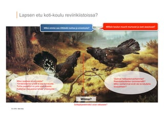 8 ? 2013 Vesa Ilola
Vaativat helikopterivanhemmat?
Ristiriitatilanteiden toimintamallit?
Miksi vanhemmat eiv?t ole tervetulleita
kouluarkeen?
Miksi opettajia ei arvosteta?
Ylim??r?isest? ty?st? ei saa korvausta.
Turha paperity? on pois opetuksesta.
Kaikkihan haluaisivat tehd? yhteisty?t?
Lapsen etu koti-koulu reviirikiistoissa?
Milloin	
 ?koulun	
 ?muurit	
 ?murtuvat	
 ?ja	
 ?ovet	
 ?avautuvat?	
 ?
Miksi	
 ?emme	
 ?saa	
 ?rii6?v??	
 ?rauhaa	
 ?ja	
 ?arvostusta?	
 ?
Wilma?
Softaj?rjestelm?k? asiat ratkaisee?
 