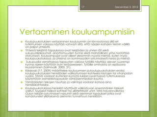 17

December 5, 2013

Vertaaminen kouluampumisiin











Koulupuukotuksien vertaaminen koulusurmiin on kiinnostavaa sillä eri
tutkimuksien valossa näyttää vahvasti siltä, että näiden kahden termin välillä
on paljon yhteistä.
Yhteisiä tekijöitä tapauksissa ovat tekijöiden ja uhrien iät sekä
sukupuolijakaumat, arvottomuuden tunne sekä mahdollinen yritys nostattaa
statustaan. Kouluampujat ovat olleet yleisimmin nuoria miehiä, kuten myös
koulupuukotuksissa, ja uhreina on kummassakin satunnaisesti naisia ja miehiä.
Sukupuolia verrattaessa tapausten valossa tytöillä näyttäisi olevan suurempi
kynnys aseen käyttöön kuin teräaseeseen. Tytöille ominaista on epäsuora
kiusaaminen (Salmivalli, 2000, 31).
Kiilakoski (17, 2009) määrittelee koulusurmien ja koulupuukotuksien eroiksi
koulupuukotuksien henkilöiden valikoitumisen kohteeksi kiistojen tai vihanpidon
vuoksi. Tämä voidaan kuitenkin kumota lukijan syventyessä tutkimuksessa
käytettäviin esimerkkitapauksiin sähköisenmedian kautta.
Tämänlaisten tekojen taustoja ja valintoja voidaan katsoa aina
henkilökohtaisiksi.
Koulupuukotuksissa henkilöt näyttävät valikoituvan enemmänkin tarkasti
valitut, fyysisesti helpot kohteet tai yllätettävät uhrit. Tätä havainnollistaa
Oulun tekijän satunnaiset naisuhrit sekä aiemmat tapaukset jotka ovat
kohdistuneet yllätyksenä aiemmin tunnettuun henkilöön.

 