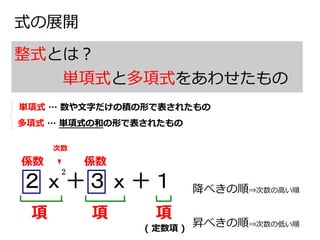 式の展開
整式とは？
　　　単項式と多項式をあわせたもの
単項式 … 数や文字だけの積の形で表されたもの
多項式 … 単項式の和の形で表されたもの
２ｘ＋３ｘ＋１
2
次数
項 項 項
( 定数項 )
係数 係数
降べきの順⇒次数の高い順
昇べきの順⇒次数の低い順
 