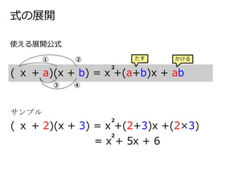 式の展開
( ｘ + a)(x + b) = x +(a+b)x + ab
①
③
②
④
使える展開公式
2
( ｘ + 2)(x + 3) = x +(2+3)x +(2×3)
= x + 5x + 6
2
2
サンプル
たす かける
 