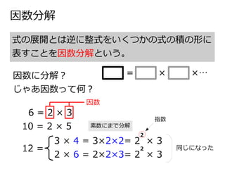 因数分解
式の展開とは逆に整式をいくつかの式の積の形に
表すことを因数分解という。
＝ ×…×因数に分解？
じゃあ因数って何？
6 = 2 × 3
10 = 2 × 5
12 =
因数
3 × 4 = 3×2×2= 2 × 3
2 × 6 = 2×2×3= 2 × 3
2
2 同じになった
指数
素数にまで分解
 
