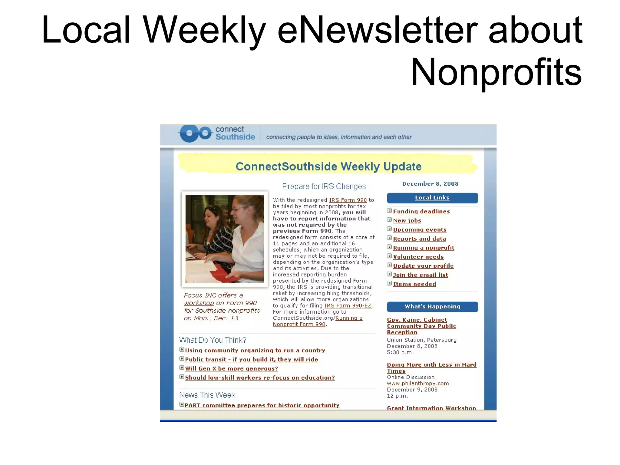 Local Weekly eNewsletter about Nonprofits