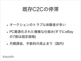 既存C2Cの停滞
•オークションのトラブル体験者が多い
•PC最適化された複雑な仕組み(すでにeBay
の7割は固定価格)
•月額課金、手数料の高止まり（国内）
 