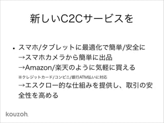 新しいC2Cサービスを
•スマホ/タブレットに最適化で簡単/安全に
→スマホカメラから簡単に出品
→Amazon/楽天のように気軽に買える
※クレジットカード/コンビニ/銀行ATM払いに対応
→エスクロー的な仕組みを提供し、取引の安
全性を高める
 