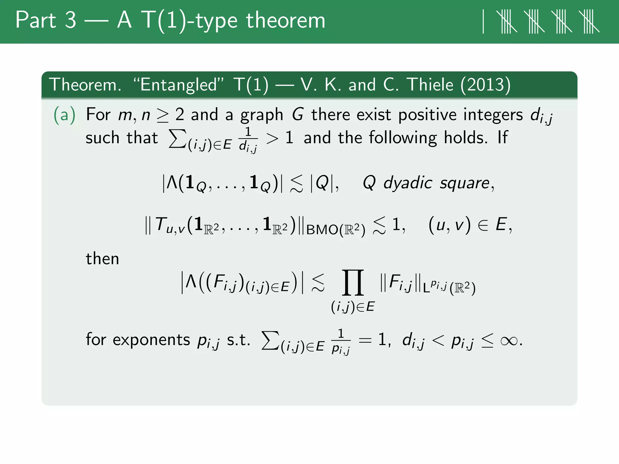 Part 3 — A T(1)-type theorem | |||| |||| |||| ||||
Theorem. “Entangled” T(1) — V. K. and C. Thiele (2013)
(a) For m, n ≥ 2 and a graph G there exist positive integers di,j
such that (i,j)∈E
1
di,j
> 1 and the following holds. If
|Λ(1Q, . . . , 1Q)| |Q|, Q dyadic square,
Tu,v (1R2 , . . . , 1R2 ) BMO(R2) 1, (u, v) ∈ E,
then
Λ (Fi,j )(i,j)∈E
(i,j)∈E
Fi,j L
pi,j (R2)
for exponents pi,j s.t. (i,j)∈E
1
pi,j
= 1, di,j < pi,j ≤ ∞.
 
