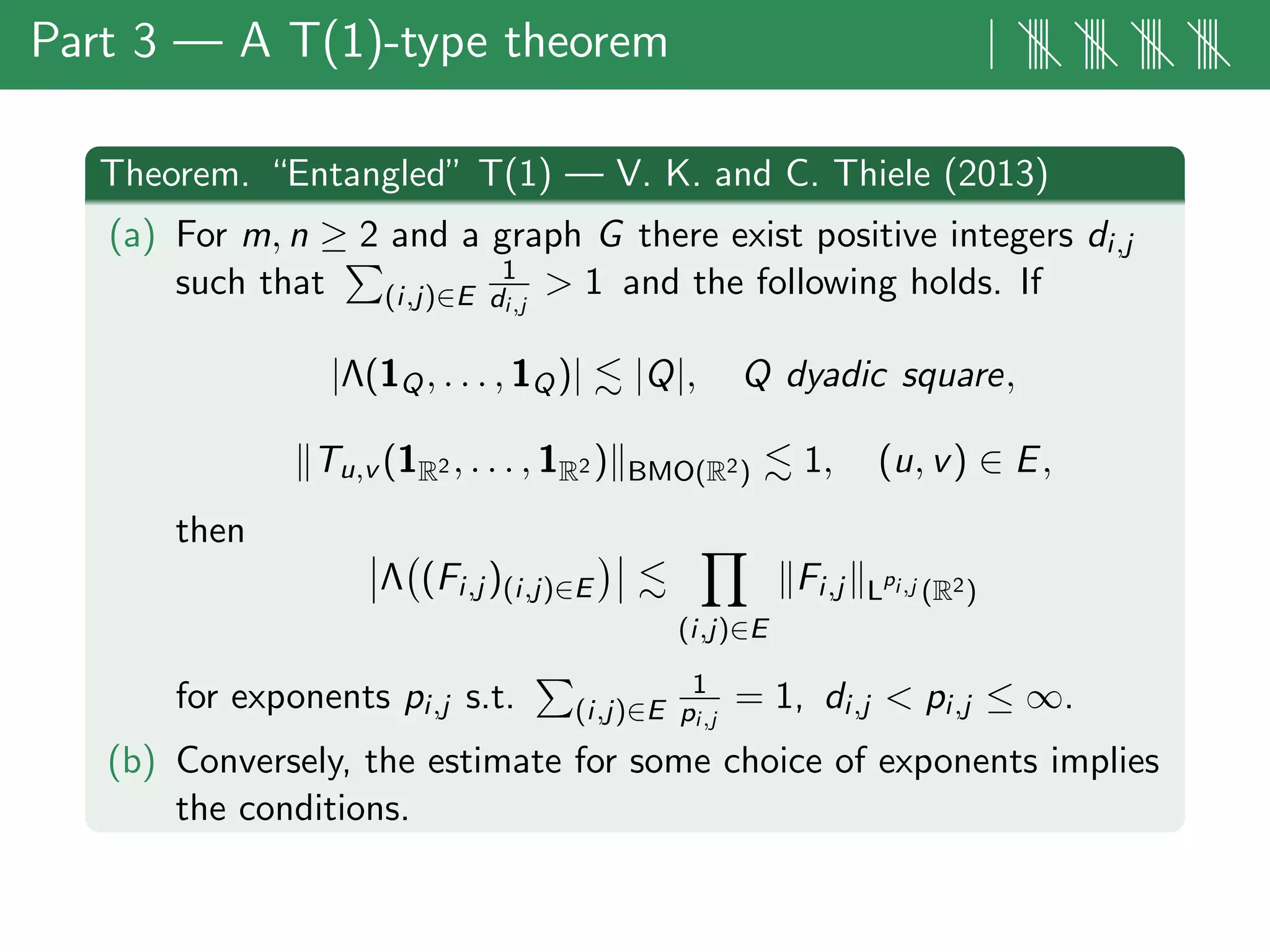 Part 3 — A T(1)-type theorem | |||| |||| |||| ||||
Theorem. “Entangled” T(1) — V. K. and C. Thiele (2013)
(a) For m, n ≥ 2 and a graph G there exist positive integers di,j
such that (i,j)∈E
1
di,j
> 1 and the following holds. If
|Λ(1Q, . . . , 1Q)| |Q|, Q dyadic square,
Tu,v (1R2 , . . . , 1R2 ) BMO(R2) 1, (u, v) ∈ E,
then
Λ (Fi,j )(i,j)∈E
(i,j)∈E
Fi,j L
pi,j (R2)
for exponents pi,j s.t. (i,j)∈E
1
pi,j
= 1, di,j < pi,j ≤ ∞.
(b) Conversely, the estimate for some choice of exponents implies
the conditions.
 