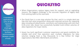9
QuickSync
• When Organizations replace legacy tools for support, cost or upgrading
reasons, the biggest challenge is the accurate migration of legacy data
from existing tools to the new tools
• Our Quick Sync is a one stop solution for that, and it is a simple desk top
low-cost tool value proposition along with required services for migrating
data including all attachments, comments and relationships with less than
0.1% error rate. Kovair has successfully handled multi-million volumes of
data migrations for major clients.
• Kovair has built significant customer experience and good credibility for
reliable and error free execution over multiple migrations for data
volumes ranging from a few thousands to a few million for large
organizations like AT&T, World Bank and others.
A standalone
application to
solve all data
migration
related
challenges.
QuickSync also
facilitates
synchronization
between couple
of tools.
 