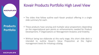 Kovair Products Portfolio High Level View
• The slides that follow outline each Kovair product offering in a single
slide summary for each.
• These products have varying and multiple value propositions depending
on the organizational pain points or enhancements needed for Product
Development, IT Organizations or Management Analytics and Visibility.
• Without being too elaborate at this early stage, this short slide deck is
intended to outline Kovair’s Value Proposition at the higher
management levels for initiating a dialog.
Products
Portfolio
 