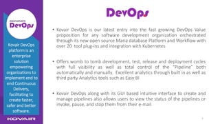 5
Kovair DevOps
• Kovair DevOps is our latest entry into the fast growing DevOps Value
proposition for any software development organization orchestrated
through its new open source Maria database Platform and Workflow with
over 20 tool plug-ins and integration with Kubernetes
• Offers womb to tomb development, test, release and deployment cycles
with full visibility as well as total control of the “Pipeline” both
automatically and manually. Excellent analytics through built in as well as
third party Analytics tools such as Easy BI
• Kovair DevOps along with its GUI based intuitive interface to create and
manage pipelines also allows users to view the status of the pipelines or
invoke, pause, and stop them from their e-mail.
Kovair DevOps
platform is an
enterprise
solution
empowering
organizations to
implement end to
end Continuous
Delivery,
facilitating to
create faster,
safer and better
software.
 