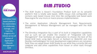 6
ALM Studio
• The ALM Studio is Kovair’s Foundation Product built on its versatile
platform that is totally web based, 100% mouse click configurable and
contains web based mouse click Visio like configurable task based work
flow engine for any micro or macro process implementation.
• The entire Application Lifecycle Management from Requirements
Management to Release Management can be managed with the ALM
Studio.
• The Omnibus Integration Bus is part of its built in integration capabilities
and as such we can enable the creation of “Integrated Life Cycle
Management” that facilitates an organization to choose the best of the
breed ALM tools using Agile (Scrum or Kanban) or Waterfall and now
DevOps methodologies! As most development organizations are not green
field, they can adopt Kovair ALM Studio to use what they currently like and
integrate and add other capabilities from Kovair or other tools through
Omnibus.
Centralized Web
based platform
for stakeholders
to collaborate,
manage, and
track the
progress of a
release across all
phases of
Application
Lifecycle
Management –
ALM
 